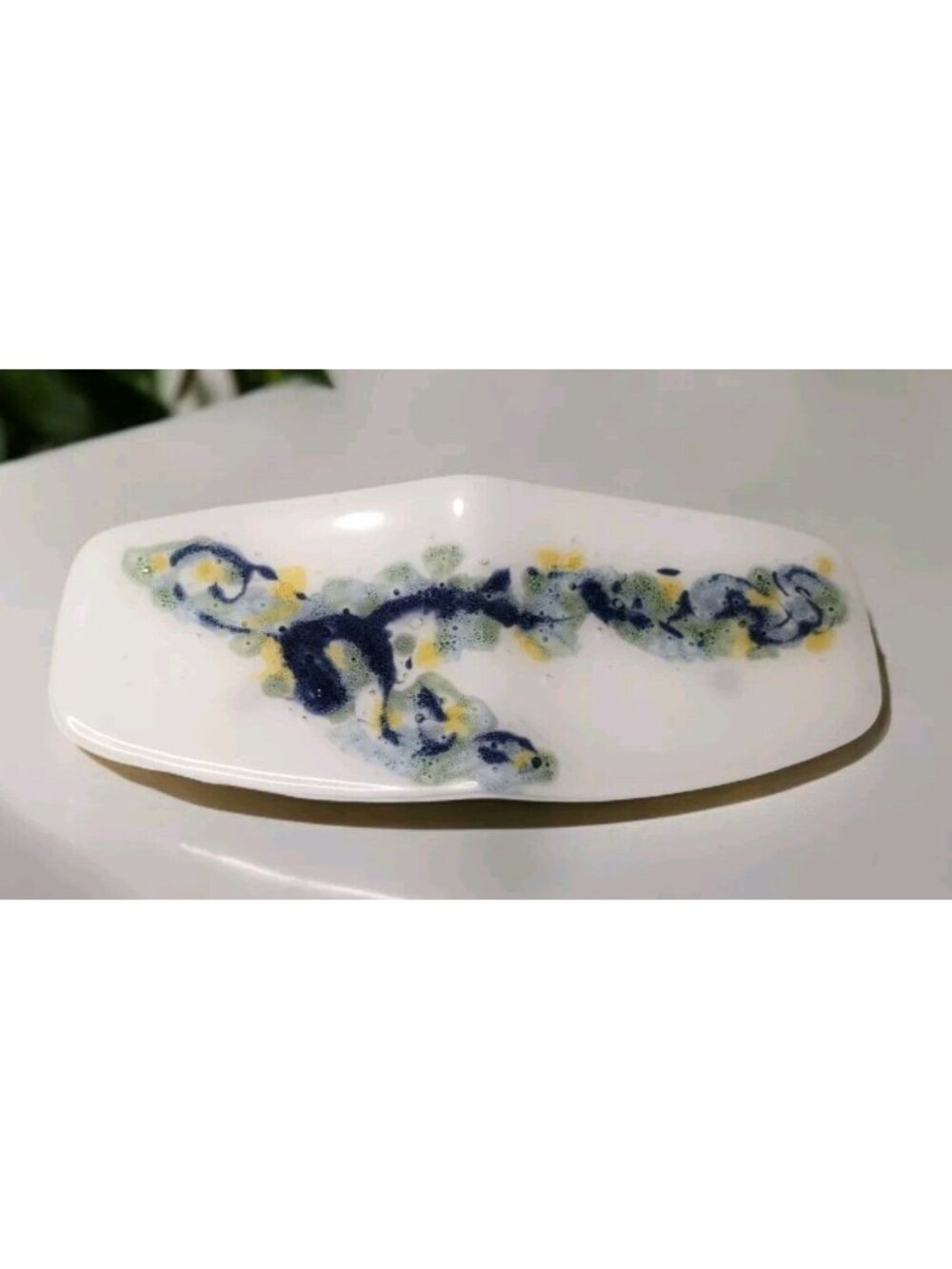 Handblown Fused Milk Glass Abstract Decorative Dish Wavy Splash Artsy Coastal